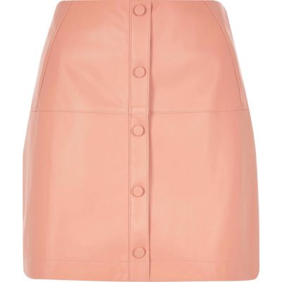 Pink Pu Button Through Skirt